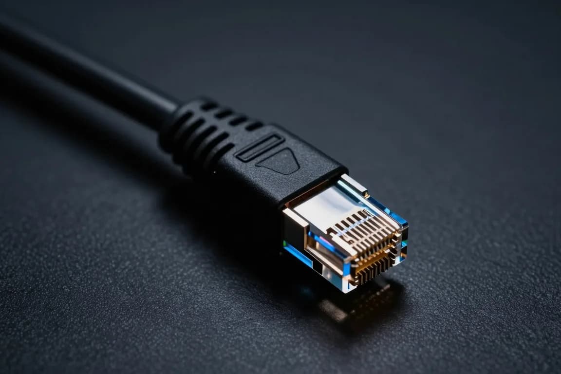 תקריב על קצה כבל רשת עם מחבר RJ45 מוארך, רקע כהה מטושטש