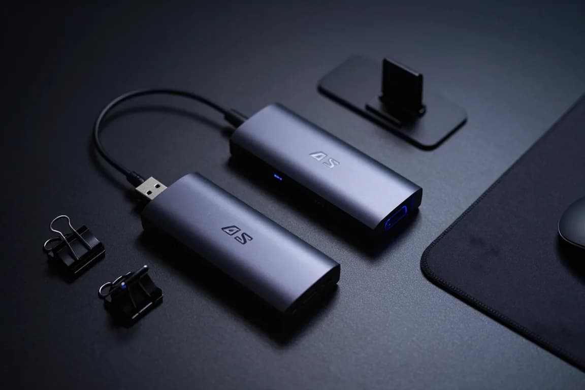 מגוון אביזרי מחשב קטנים - כבלים, רב-מתג USB ומעמד למחשב נייד - מסודרים על שולחן עבודה מלמעלה