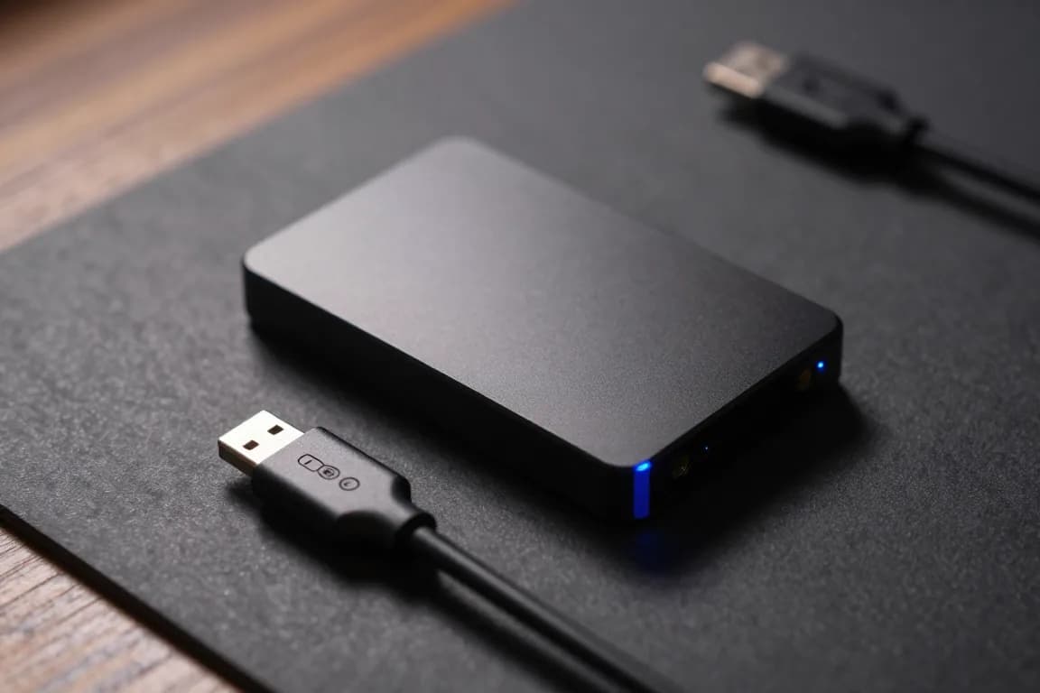 תקריב על כונן SSD חיצוני קטן ומטאלי מונח על שולחן, לצד כבל USB-C