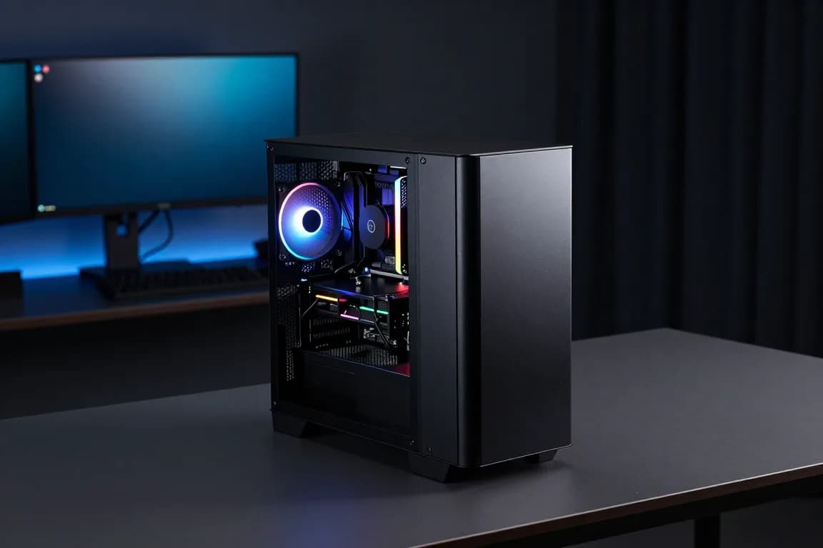 מחשב גיימינג גדול עם תאורת RGB רב-צבעונית מונח על שולחן זכוכית מול מסך גיימינג רחב
