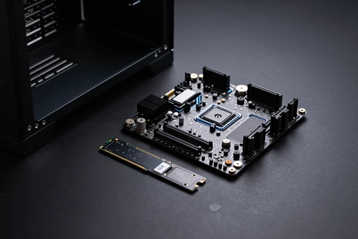 מארז מחשב פתוח על שולחן עבודה עם כונן SSD מסוג M.2 מונח ליד חריץ ההתקנה בלוח האם