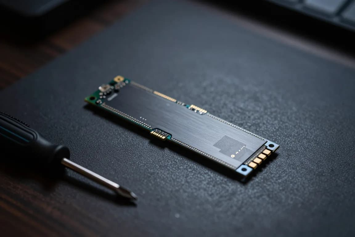 כונן SSD מסוג M.2 מונח על שולחן עבודה כהה לצד מברג קטן, תאורה ממוקדת