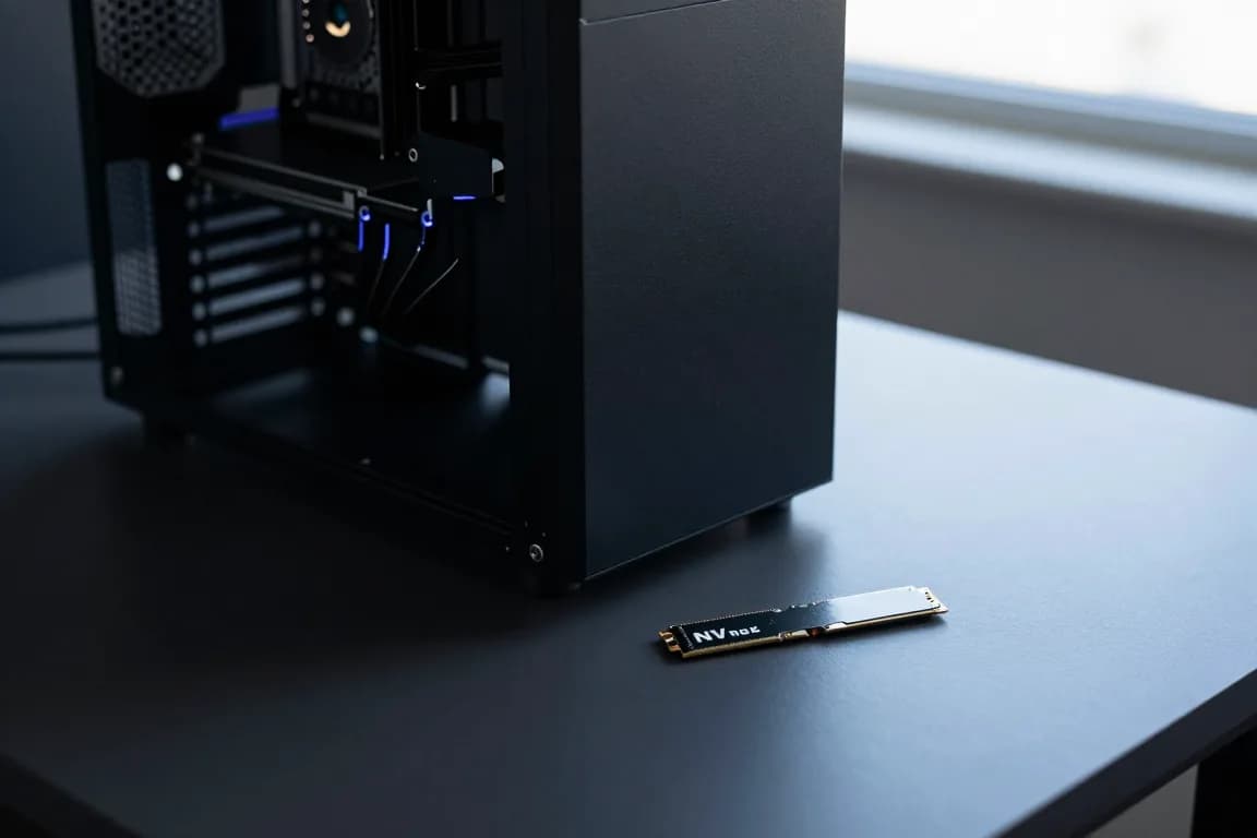מחשב נייח ישן פתוח על שולחן, כונן SSD חדש מונח לצידו לפני התקנה
