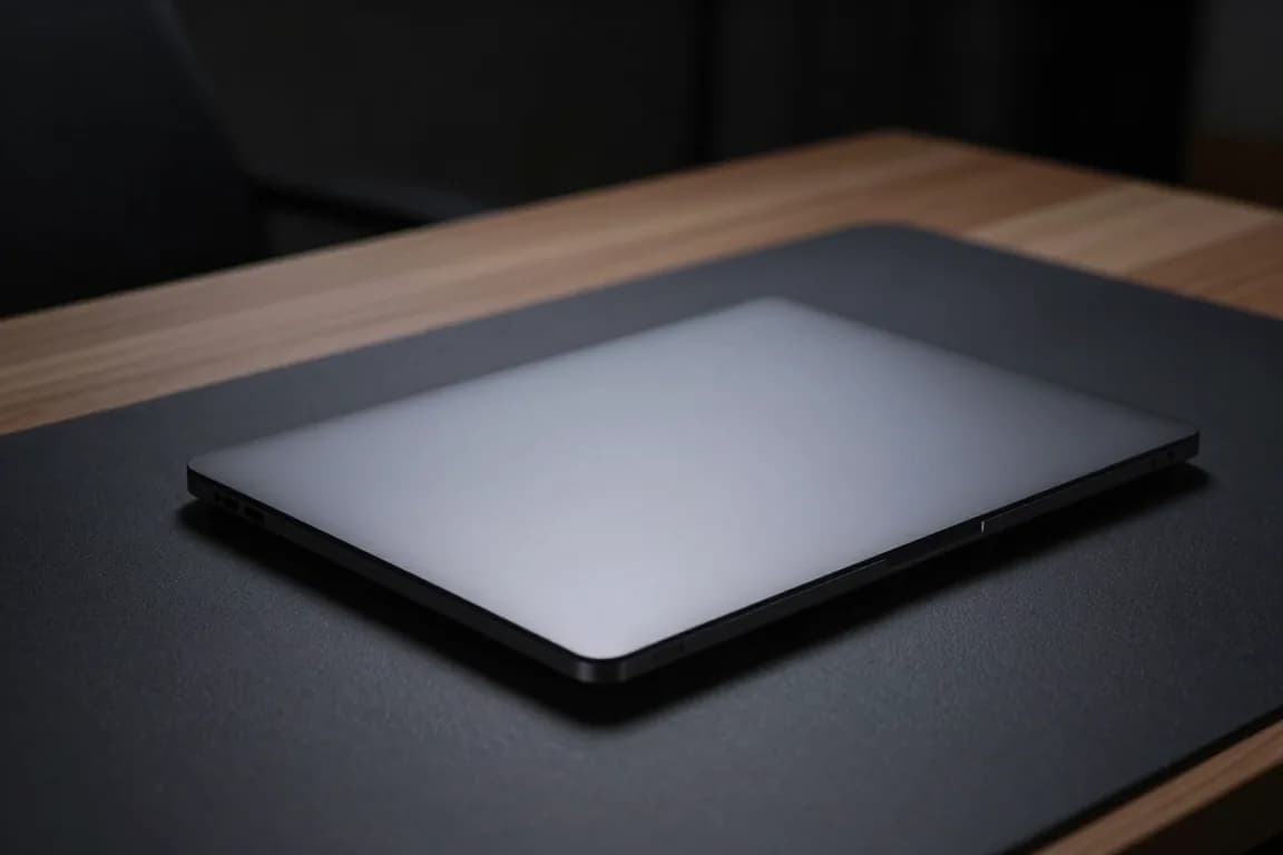 מחשב MacBook דק פתוח על שולחן עץ בהיר, מסך זוהר באור כחול קר