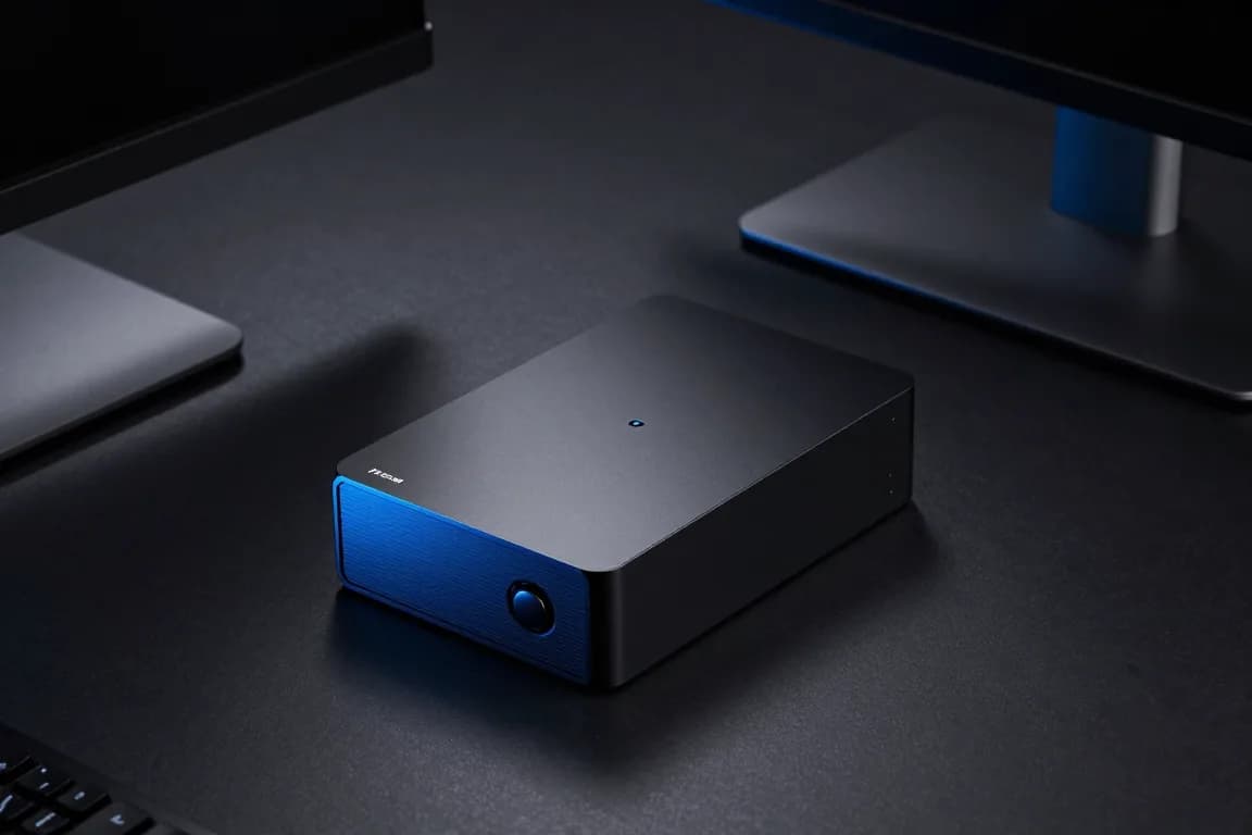 Mini PC קטן ושחור על שולחן עבודה כהה, לצד מסך מחשב