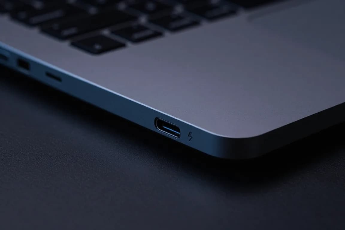 תקריב על יציאת USB-C במחשב נייד עם סמל ברק קטן לצד היציאה